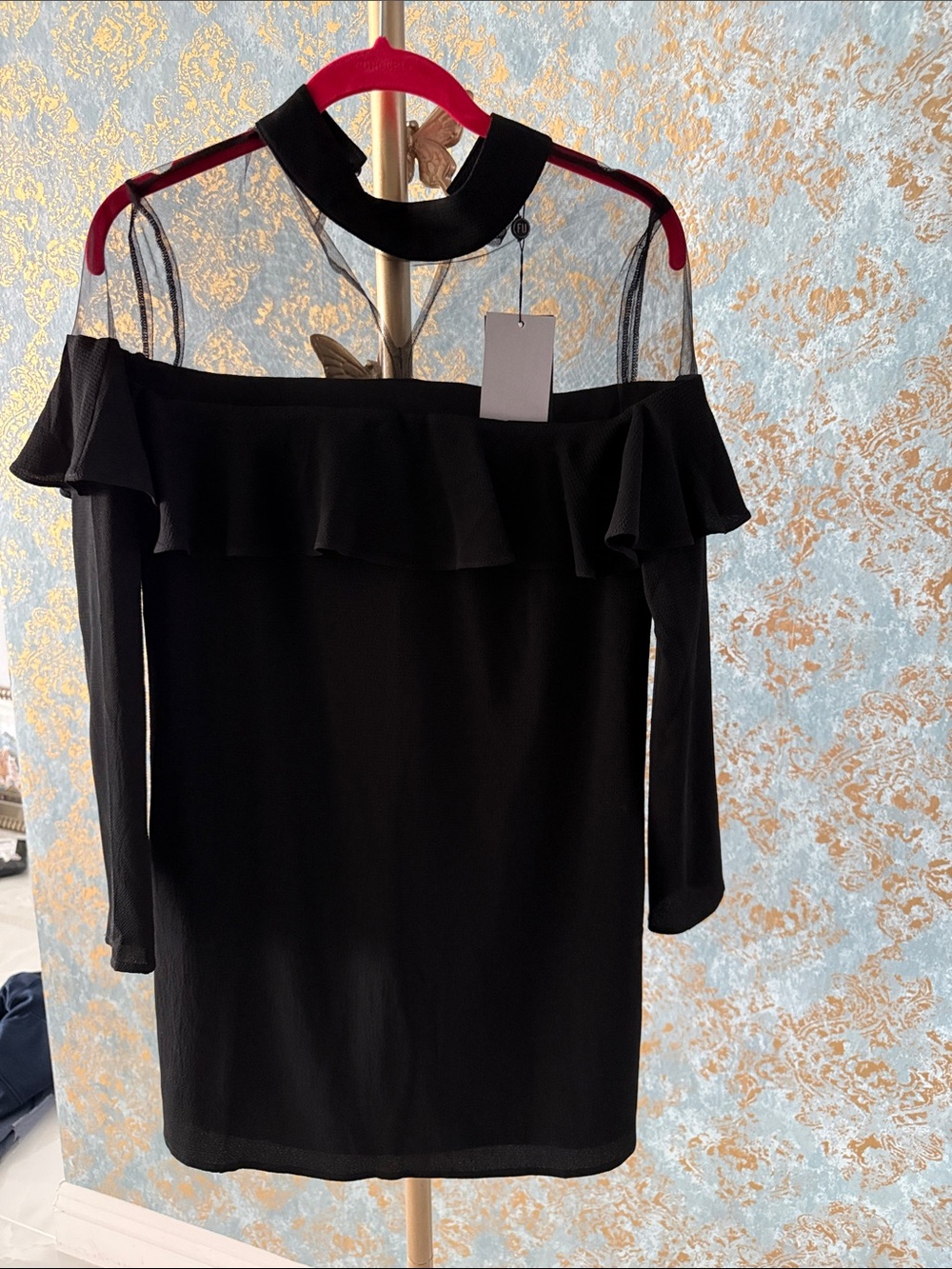 Black Off-Shoulder Ruffle Sheer Yoke Dress